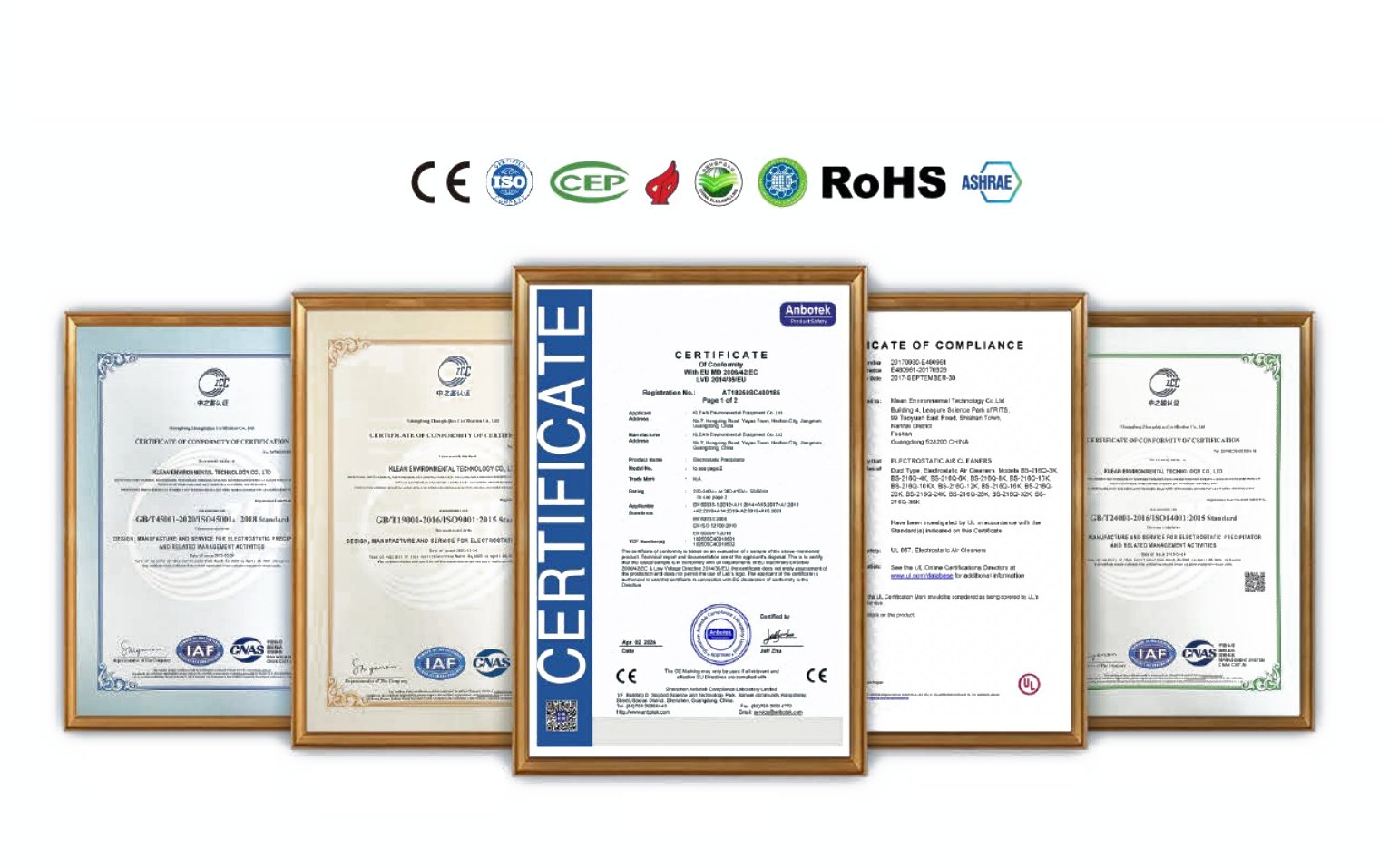 Kleanland ISO 9001, ISO 14001, ISO 45001, UL and CE certificates